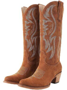 Women's Brown Mid Calf Cowboy Boots Western Pointed Toe Embroidered Heeled Boots